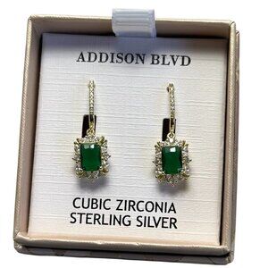 NIB Addison Blvd Cubic Zirconia Sterling Silver Green Dangle Gold Earrings